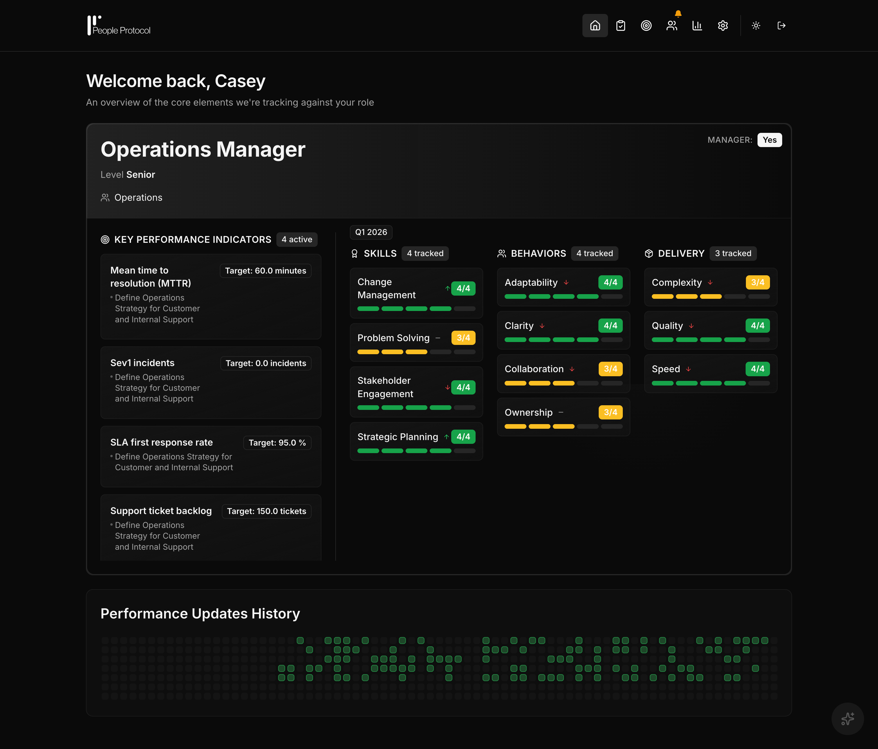 Performance scorecard showing KPIs, Skills, Behaviors, and Delivery tracked for a role
